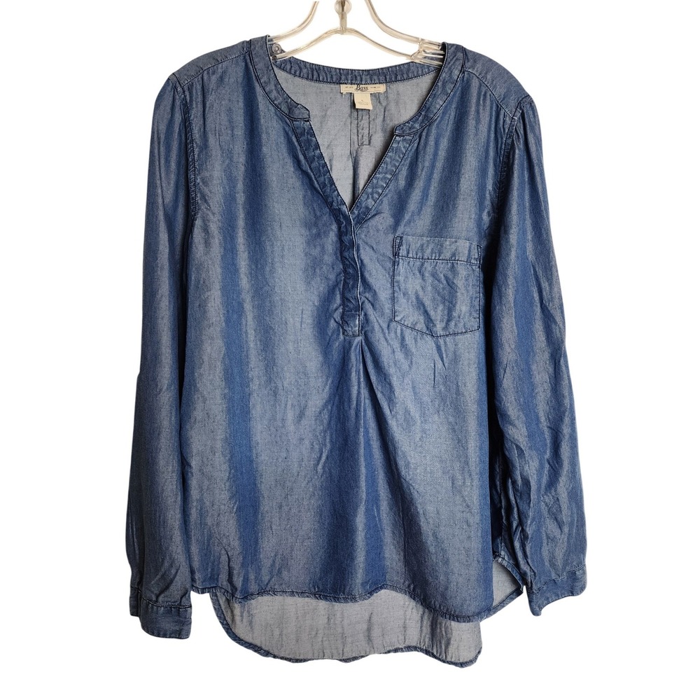 Bass‎ Womens Blue 100% Lyocell Long Sleeve V-Neck Tunic Blouse Large RN69426